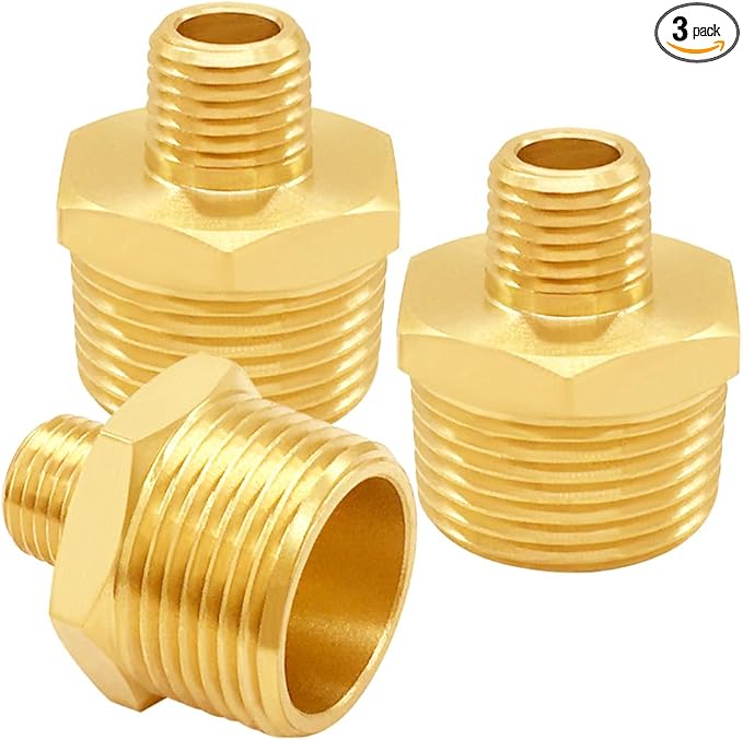 3PCS Brass Reducer Adapter, 1/4" NPT Male to 3/4" NPT Male Thread, Hex Reducing Pipe Fitting Coupler Nipple Connector for Water/Oil/Gas