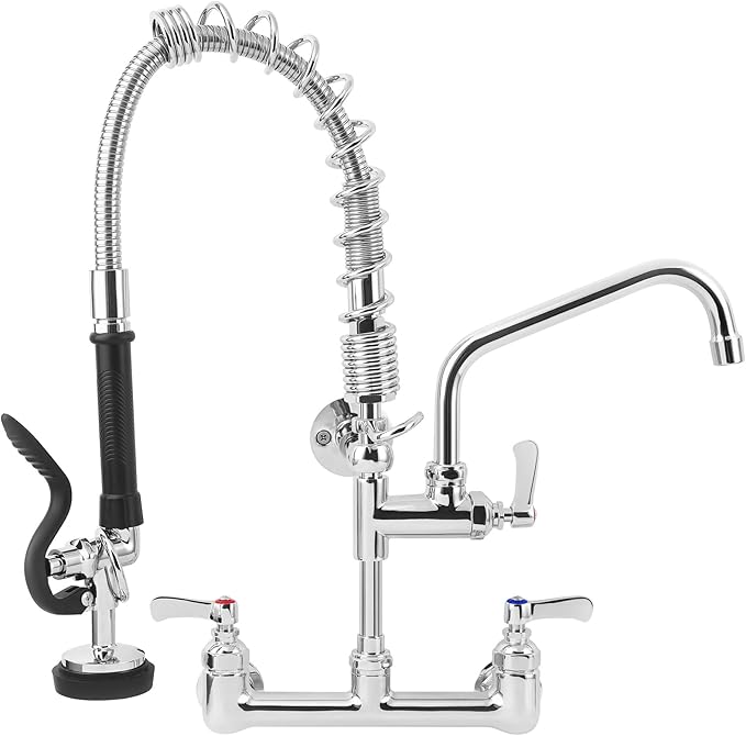 21" Height Commercial Faucet with Sprayer, 8" Adjustable Center & 8" Add-on Swing Spout, Wall Mount Pre Rinse Commercial Sink Faucet for Commercial Restaurant Industrial Kitchen
