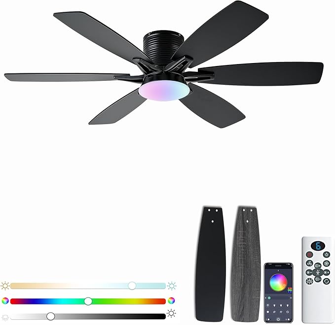 52inch Black Ceiling Fans with Lights and Remote/App Control, Low Profile Ceiling Fan with Light and 6 Double-Side blades, Flush Mount, LED/RGB Dimmable DC Reversible Modern Ceiling Fan for Bedroom