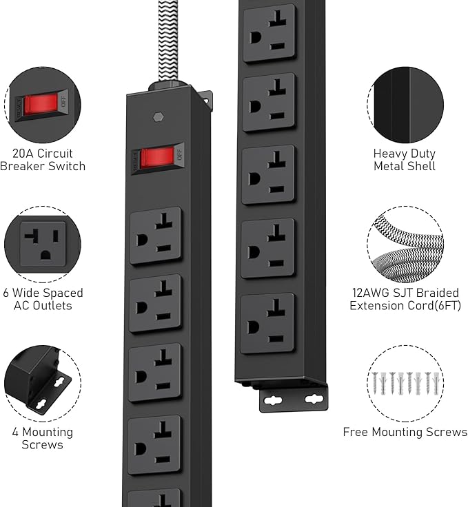 HEZI 20 Amp Power Strip with 5-20P/T- Plug, Heavy Duty High Amp Metal Surge Protector, Mountable Industrial Power Strip with 6AC Outlets(5-20R) and Circuit Breaker, 10FT 12AWG Extension Cord