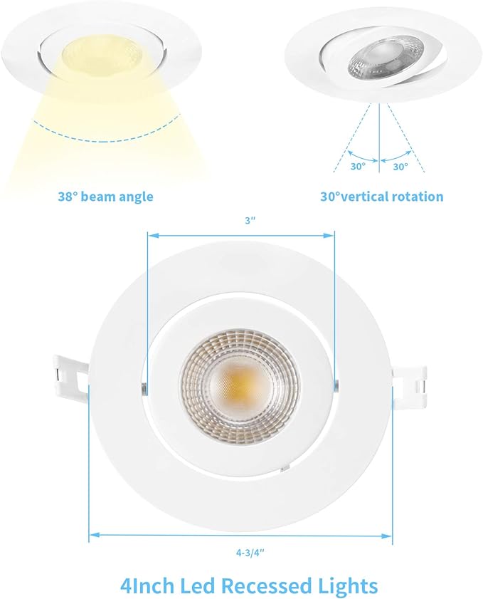 4 Inch Led Recessed lights Ultra-Thin Adjustable Eyeball Gimbal LED Recessed Lighting with Junction Box 9 Watts 750Lm Dimmable ceiling light ETL Listed (2700K/3000K/3500K/4000K/5000K Option 12Pack)