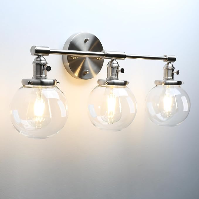 Phansthy 3-Light Wall Sconces Antique Brass Vanity Light, Industrial Wall Lamps with On Off Switch and Clear Glass Lampshade, Vintage Wall Lighting for Bathroom Living Room (Brushed, Globe Shade)
