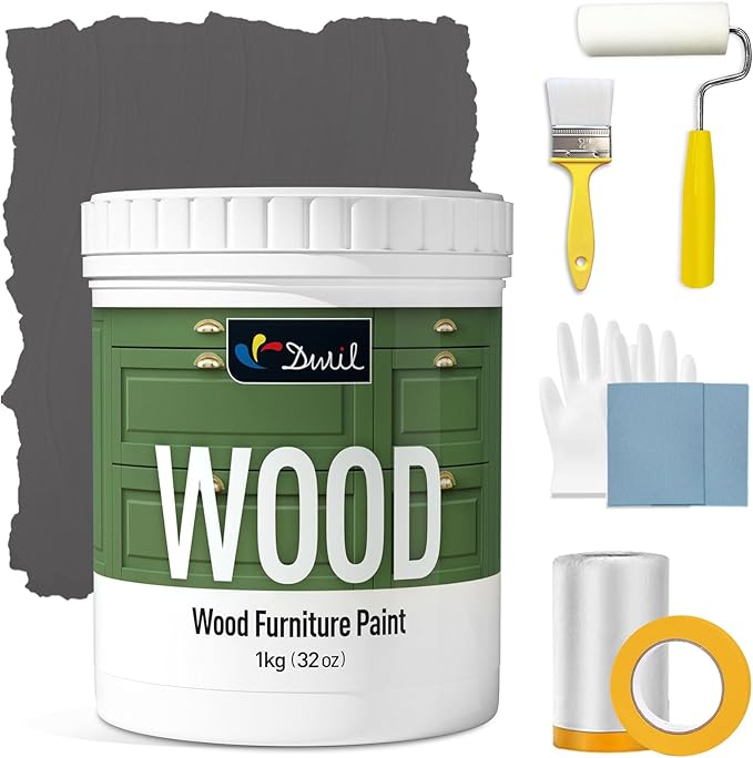 DWIL Matte Finish Furniture Paint - 32 Oz Wood Paint for Cabinets, Doors, Tables, and Dressers Refinishing - Water-Based, Non-Toxic & Odorless, Easy to Apply(Anthracite Gray)-With Tools