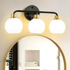 3 Light Bathroom Vanity Light, Black and Gold Bathroom Light Fixtures with Milk Glass Shade Modern Wall Sconces Lighting Bath Wall Lights Lamp for Mirror Kitchen Living Room Bedroom Hallway Cabinet