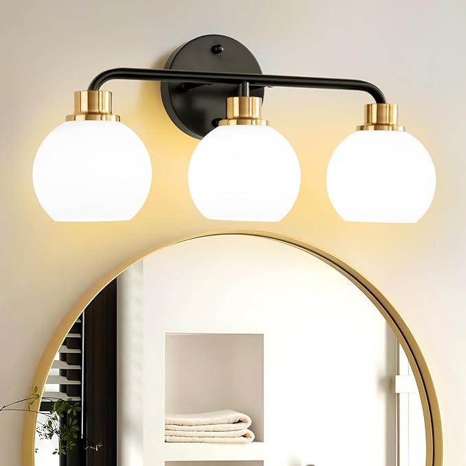 3 Light Bathroom Vanity Light, Black and Gold Bathroom Light Fixtures with Milk Glass Shade Modern Wall Sconces Lighting Bath Wall Lights Lamp for Mirror Kitchen Living Room Bedroom Hallway Cabinet