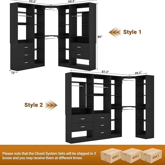 Corner Closet System with 5 Drawers, Closet Organizer System with 15+Shelvess & 4 Hanging Rods, 63.2"L * 63.2"W / 87.2"L * 39.2"W Reversible L Shaped Walk-in Closets, Load 2500+LBS, Black