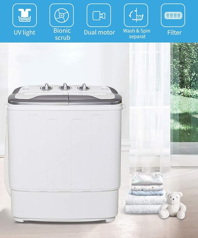 Clothes Washing Machines,SAFEPLUS Compact Mini Twin Tub Versatile Washer Machine with 8 lbs Washing &5 lbs Spin Dryer Load Capacity Gravity Drain Pump and Drain Hose for Apartment