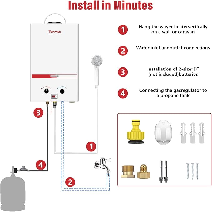 Tankless Water Heater 8L, Portable Propane Camping Water Heater 2.11GPM with Handle Overheating Multi-Protection, Instant Gas Hot Water Warmer for Outdoors RV Trips Shower Boat Cabins,White
