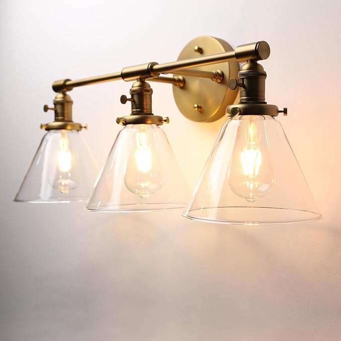 Phansthy 3-Light Wall Sconces Antique Brass Vanity Light, Industrial Wall Lamps with On Off Switch and Clear Glass Lampshade, Vintage Wall Lighting for Bathroom Living Room (Antique, Cone Shade)