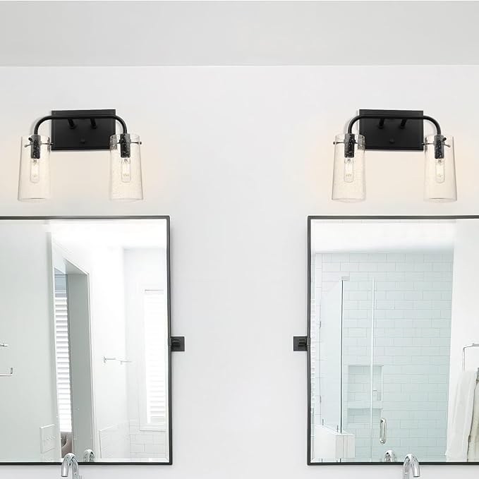 XiNBEi Lighting Bathroom Light Fixtures, Modern 2 Light Vanity Lights with Seeded Glass Matte Black Bath Wall Mount Fixture Over Mirror XB-W1283-2-MB