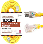 Iron Forge Cable Weatherproof 100 Ft Outdoor Extension Cord - 16/3 SJTW 10 Amp Heavy Duty Highly Visible Yellow Extension Cord 3 Prong - Lighted End