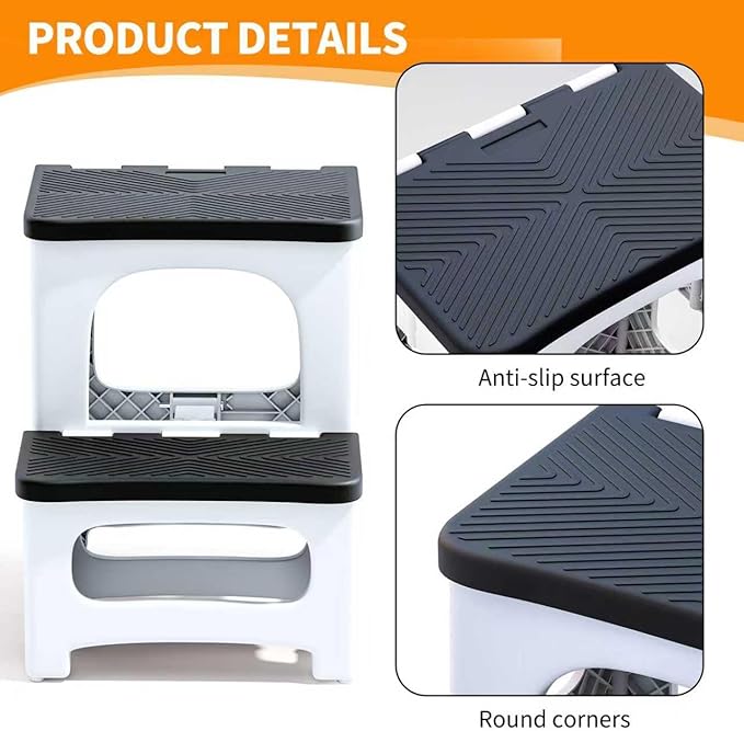 2 Step Stool Foldable, Non-Slip Steps, Folding Step Stool for Adults & Kids, Plastic Stool Pool Ladder, Collapsible Stools 2 Step Ladder for Kitchen Toilet Bedroom Office RV, Holds 330 lbs