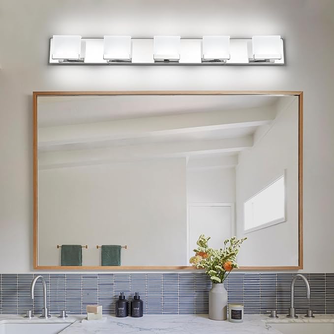 SineRise LED Modern Bathroom Vanity Light Fixtures (5-Light, 40-Inch, 6000K), Chrome Modern Acrylic Bathroom Wall Lighting Fixtures Over Mirror