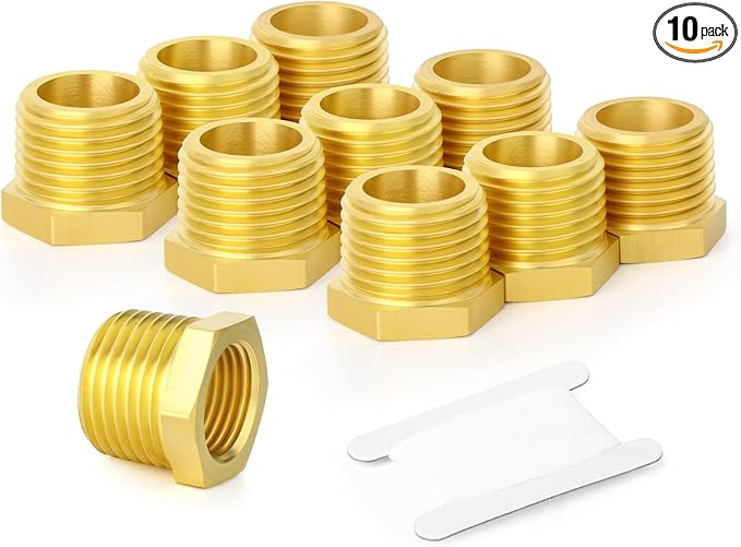 GASHER 10Pcs Brass Reducer Hex Bushing 3/4" NPT Male x 1/2" NPT Female, Brass Threaded Pipe Fitting