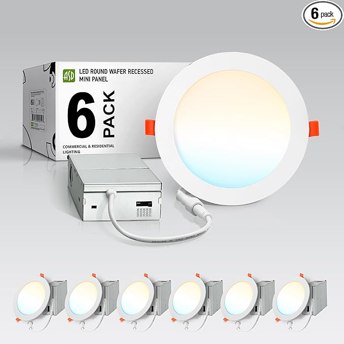 ASD 6 Pack LED Recessed Lighting 6 Inch 15W, 5 CCT 2700K-5000K CRI90+, IC Rated Ultra Thin Dimmable Ceiling Lights with J Box, Canless Wafer Downlight, Round Slim Panel Light, Energy Star ETL, White
