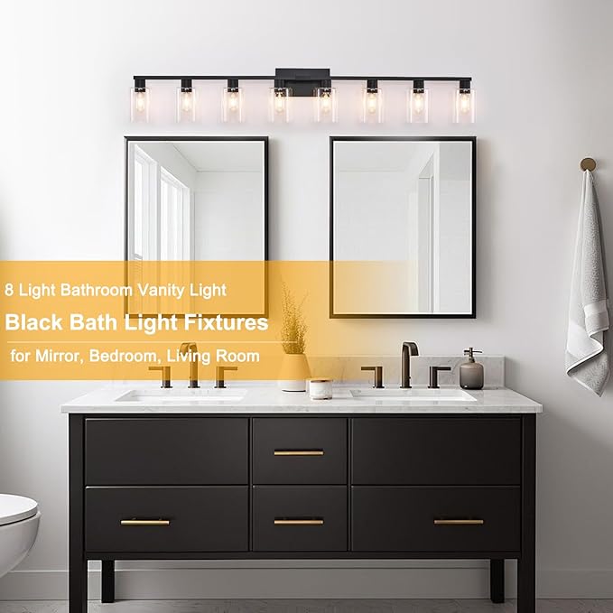 8-Light Black Vanity Light Fixtures,Large Bathroom Light Fixtures Clear Glass ShadeRust and Moisture Resistant Easy to Install Vanity Lights for Bathroom Light Over Mirror