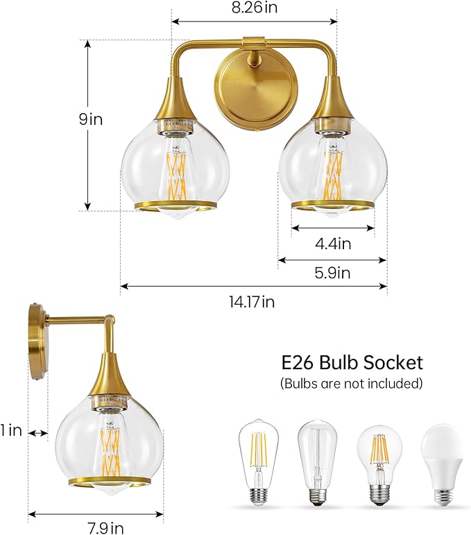 Gold Bathroom Light Fixtures 2-Lights Vanity Lights with Clear Glass Shade Bathroom Vanity Light 14 Inch Wall Sconces(Exclude E26 Bulb)…