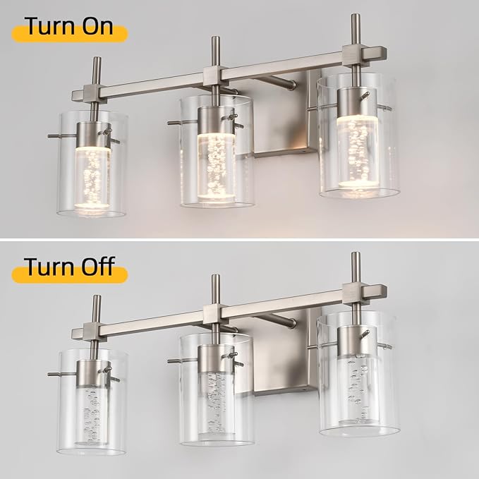 Bathroom Light Fixtures 3-Light, Brushed Nickel Vanity Light Over Mirror Dimmable 3 Color (3000K/4000K/6000K), Eye Protection LED Bathroom Lights Wall lamp Over Mirror with Clear Glass Shade