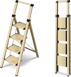 4 Step Ladder, Lightweight Folding Step Stool with Anti-Slip Aluminum Wide Pedal& Convenient Handgrip, 330lbs Capacity Steel Ladder for Household and Office (Gold)