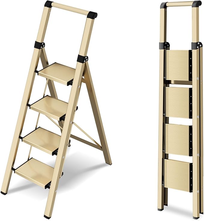 4 Step Ladder, Lightweight Folding Step Stool with Anti-Slip Aluminum Wide Pedal& Convenient Handgrip, 330lbs Capacity Steel Ladder for Household and Office (Gold)