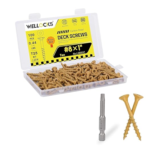 WELLOCKS Deck Screws, Wood Screws, Tan, Superior Rust Resistant, Epoxy Coated, Above 1000 Hour Salt Spray Coating T25 Torx Star Bit Included for Outdoor Wood Fence (Trial Size 0.44LBS, #8×1")