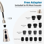 Hibbent Pull Down Kitchen Faucet Head Replacement, 3-Function NSF/ANSI/CAN 61 & CUPC Certified Sink Spray Nozzle, 15 Adapters, Compatible with Moen, Delta, Kohler Faucets, Brushed Nickel