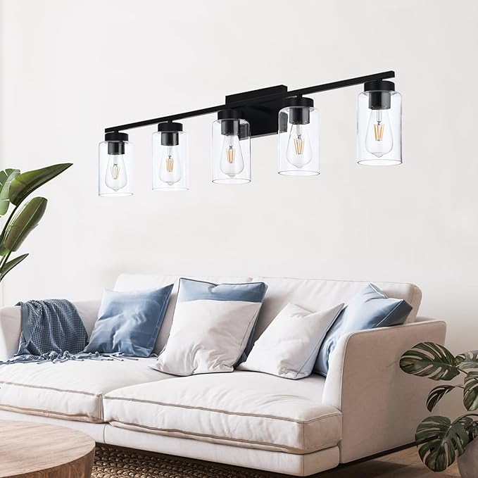 5 Light Bathroom Vanity Light Fixtures, Matte Black Modern Wall Lights with Clear Glass Shade, Vintage Wall Sconce Lighting for Living Room, Mirror, Bedroom, Hallway (Black, 5-Lights)