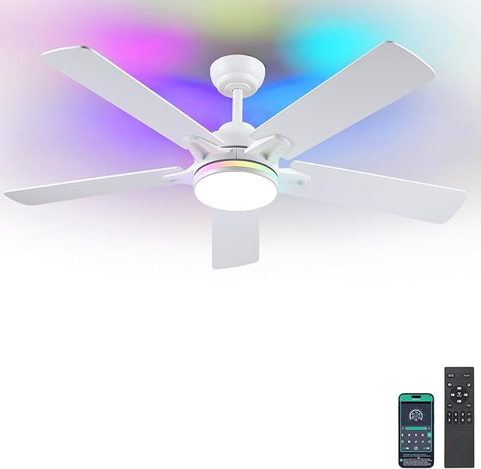 52 Inch Ceiling Fans with Lights and Remote/APP Control, Modern Ceiling Fan with RGB Lights for Bedroom Living Room Patio Porch Outdoor, Reversible Quiet Motor, 5 Wood Blades, White