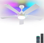 52 Inch Ceiling Fans with Lights and Remote/APP Control, Modern Ceiling Fan with RGB Lights for Bedroom Living Room Patio Porch Outdoor, Reversible Quiet Motor, 5 Wood Blades, White