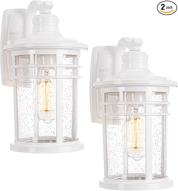 Darkaway Outdoor Porch Lights Wall Mount, Outdoor Light Fixtures Sconces Wall Lighting with Seeded Glass Waterproof Exterior Lights for Patio Yard House Hallway Doorway Garage(2 Pack, White)