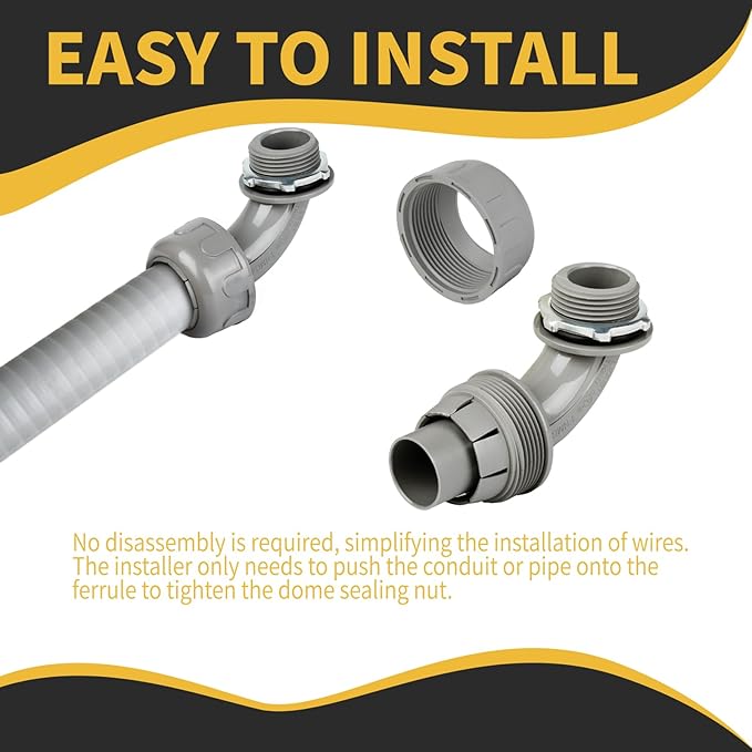 Conduit Connectors, 3/4 Inch Liquid Tight Connector NPT Non-Metallic for PVC Electrical Flexible Conduit Fittings, 90 Degree, UL Listed for Home Outdoor Tubes Tools, Grey (4-Pack)
