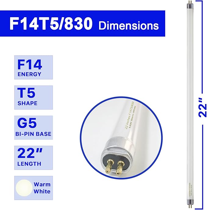 22 Inch T5 Fluorescent Light Bulb 14 Watt F14T5/WW Compatible with Sylvania Satco Philips GE Under Cabinet Lamp Light 3000K Warm White 800 Lumen G5 Base 6 Count