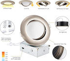Brushed Nickel Recessed Lighting 4 Inch 6 Pack, Ajustable Eyeball Gimbal canless recessed Light with Junction Box,9W 750LM,Dimmable,5CCT Selectable