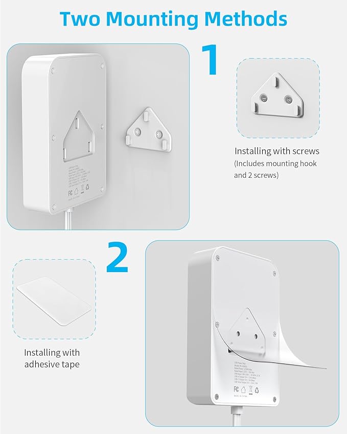 5 FT Flat Plug Extension with 4 USB(2 USB C), 6 AC Outlets Multiple Plug Expander Wall Charger, Ultra Thin Extension Cord, Power Strip Surge Protector for Home Office Kitchen. White