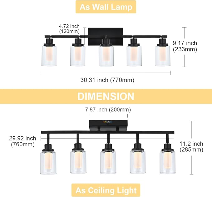 5-Light LED Black Track Light Fixtures Ceiling, 5-Color Temperature Adjustable Directional Spotlight, Bathroom Vanity Lighting with Integrated LED Chips & Clear Glass Shade & Frosted Column