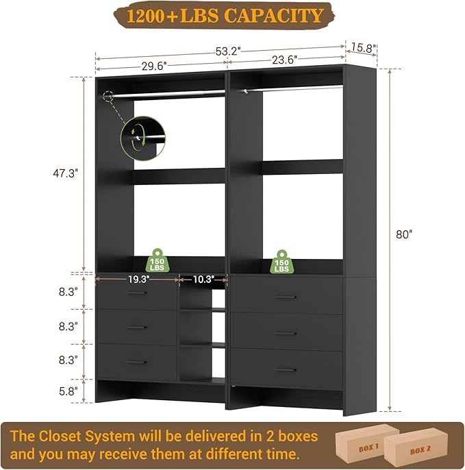Aheaplus Closet System with 6 Drawers, 4.5ft Wood Closet Organizer System, Walk-in Closet or Small Closets Wardrobe, Clothes Rack with Hanging Rods, Set of 2 Black