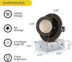Oil Rubbed Bronze Recessed Lighting 4 Inch 6 Pack, Ajustable Eyeball recessed Light with Junction Box,5 Color Selectable,Airtight,9W 750LM,Dimmable,Bronze