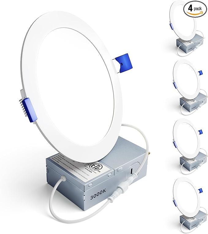 Ensenior 4 Pack 6 Inch LED Recessed Light, Dimmable, 3000K Warm White, 1200LM High Brightness, 12W 120V, Damp Rated, Ultra-Thin Canless Wafer Ceiling Light - ETL & FCC & IC