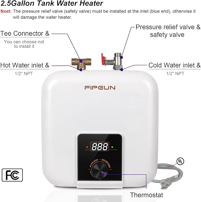 110V/115v/120V 1400-1500W Small Under Sink Tank 2.5 Gallon Water Heater Hot Storage，Mini Instant Electric RV TR Trailer Kitchen Compact Point-of-Use,2 PCs 16” Long 1/2”FIP Stainless Steel Hoses 9.5L…