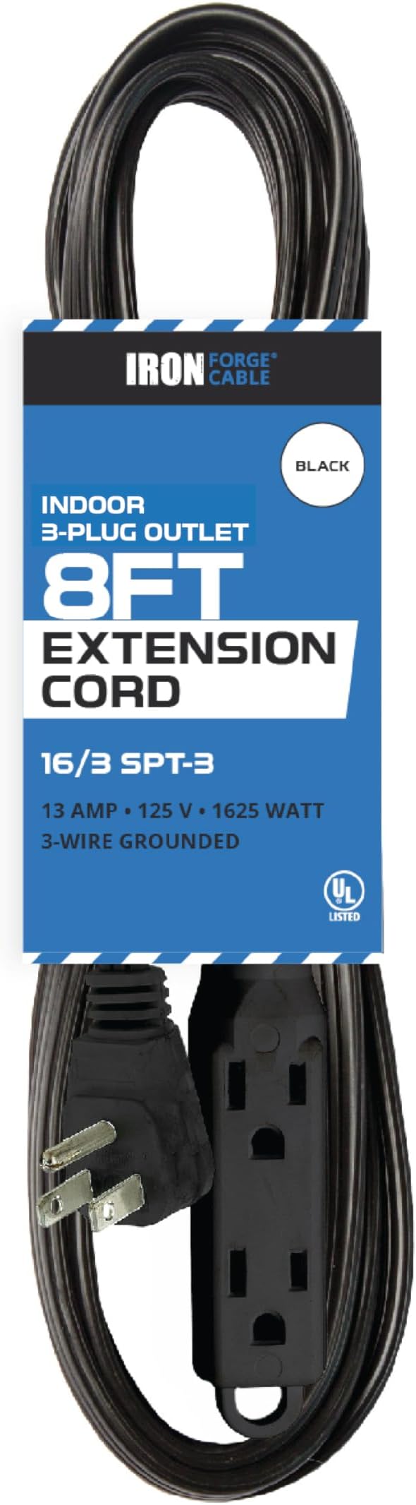 Iron Forge Cable 8 ft Flat Plug Black Extension Cord with 3 Outlets - 16/3 SJTW 3 Prong Indoor Extension Cord with Multiple Outlets
