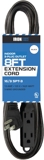 Iron Forge Cable 8 ft Flat Plug Black Extension Cord with 3 Outlets - 16/3 SJTW 3 Prong Indoor Extension Cord with Multiple Outlets