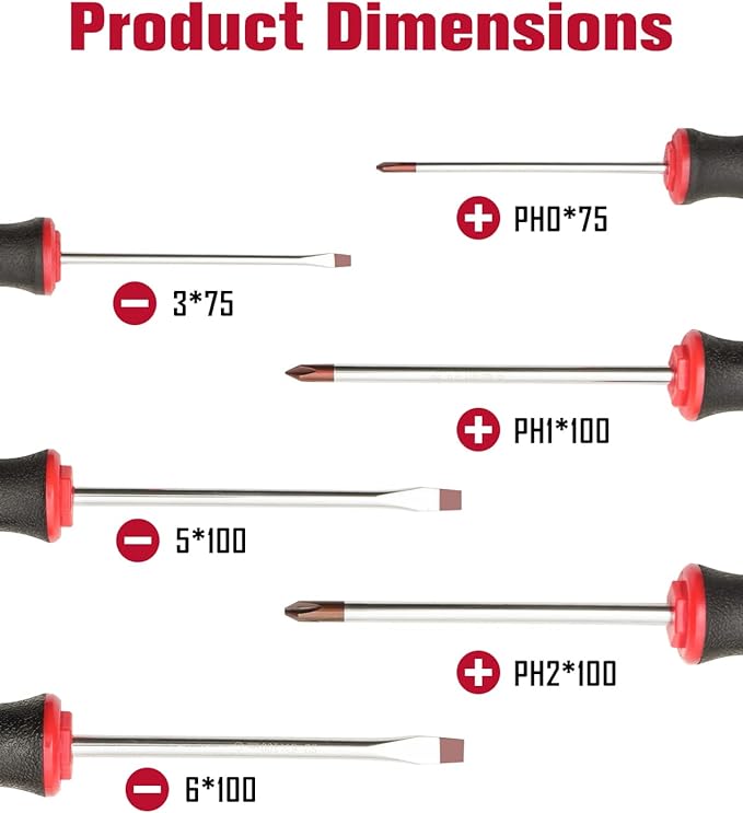 ROTATION 6PCS Magnetic Tip Screwdriver Set, 3 Phillips and 3 Flat, Red Tip | Red, Gloss, S2 Steel)