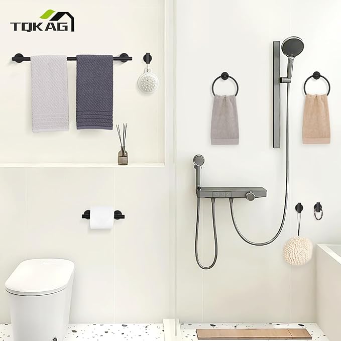 TQKAG 8-Pieces Bathroom Hardware Set Matte Black SUS304 Stainless Steel Bath Towel Bar Set 23.6 Inch Round Bathroom Accessories Kit Wall Mounted