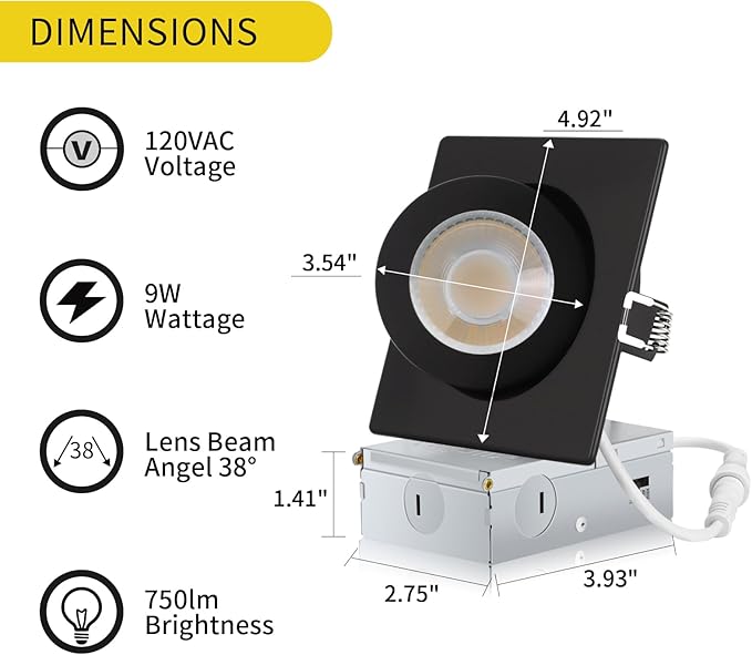 Square Black Recessed Lighting 4 Inch 6 Pack, Ajustable Eyeball recessed Light with Junction Box,5 Color Selectable,Airtight,9W 750LM,Dimmable,Black