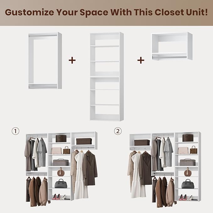 ROOMTEC Modular Closet System, 90" Wall-Mounted Closet Organizer with Hanging Rods, Modern Wooden Tower for Walk-In Closets, Wardrobe Storage Kit, White