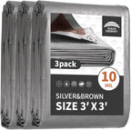 RAINDEWAY Tarps Heavy Duty Waterproof 3x3 Feet(3 Pack),10Mil Thick Multipurpose Poly Small Tarp Cover with Metal Grommets and Reinforced Edges,Silver/Brown Tarp