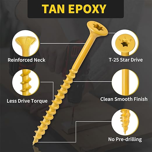Wood Screws 3 Inch, FIXLINK Deck Screws #10 x 3, 310 PCS, Epoxy Coated, T25 Star Bit Above 1500 Hour Salt Spray Coating Outdoor Decking Screws Excellent Rust Resistant for Outdoor Wood Fence