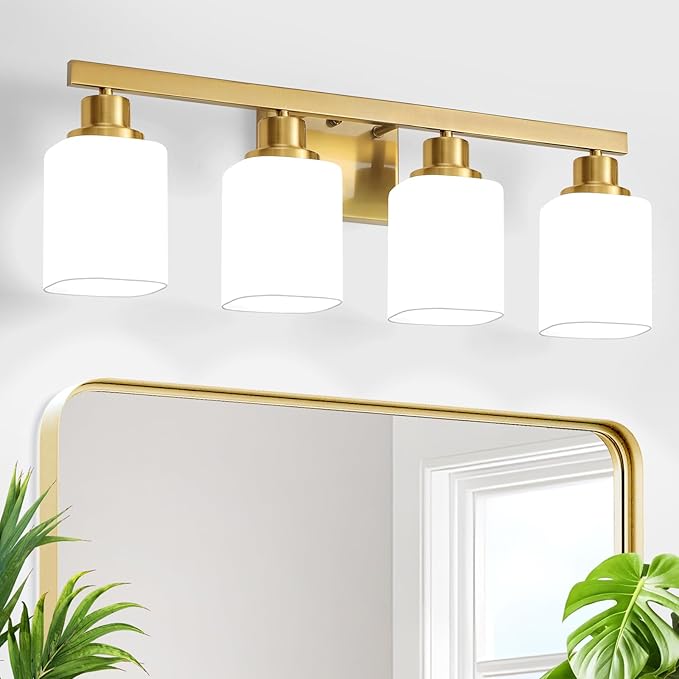 Brushed Gold Bathroom Vanity Light,4-Light Bathroom Light Fixtures with Square Frosted Glass,Gold Bathroom Wall Lamp Sconces for Mirror Bedroom,Living Room Hallway,E26