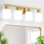 Brushed Gold Bathroom Vanity Light,4-Light Bathroom Light Fixtures with Square Frosted Glass,Gold Bathroom Wall Lamp Sconces for Mirror Bedroom,Living Room Hallway,E26