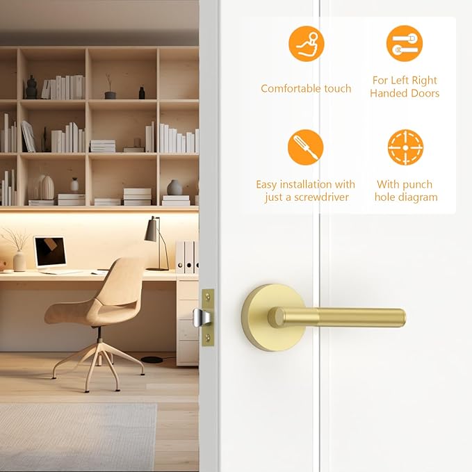 Amerdeco 1 Pack Brushed Gold Passage Door Handles,Heavy Duty Non-Locking Door Lever for Hall, Closet,Office Area, Shopping Malls AM0016